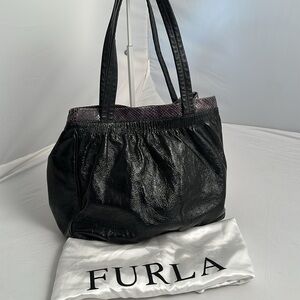 Furla Silene black patent leather with python snake trim ruched dual handle tote